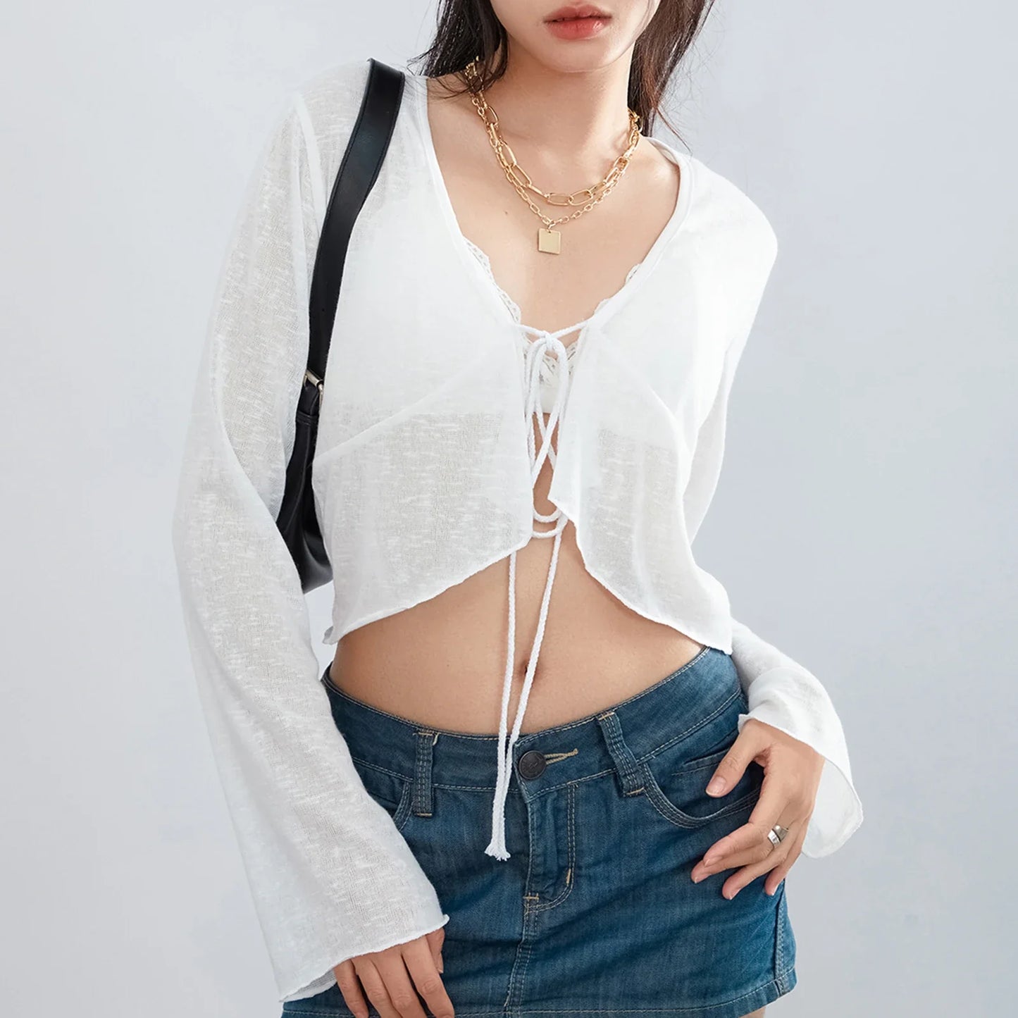 Crop Fashion Long Sleeve Deep V Neck Tie-Up Front Ruffle Hem See through Cardigan Streetwear Knit T-shirt