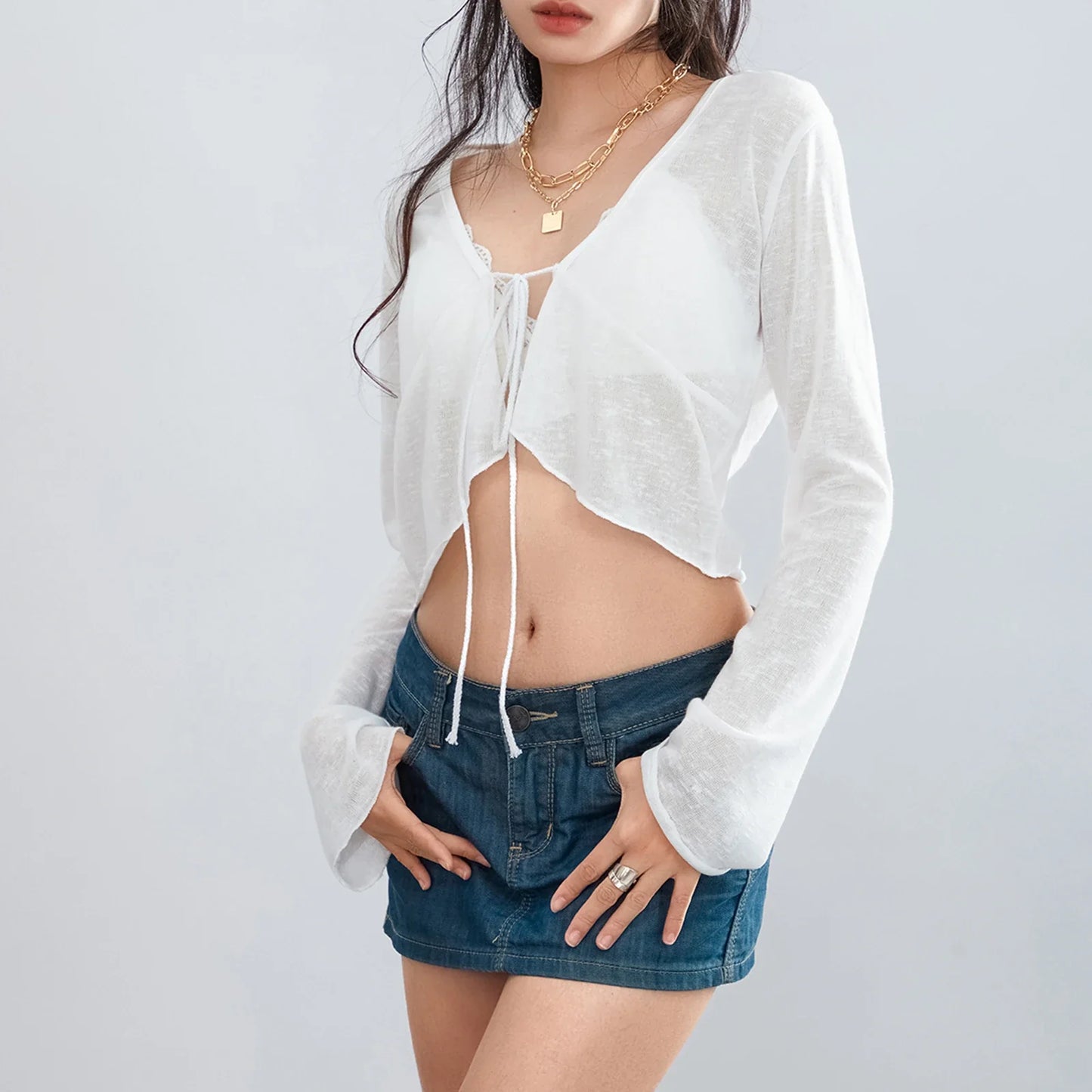 Crop Fashion Long Sleeve Deep V Neck Tie-Up Front Ruffle Hem See through Cardigan Streetwear Knit T-shirt