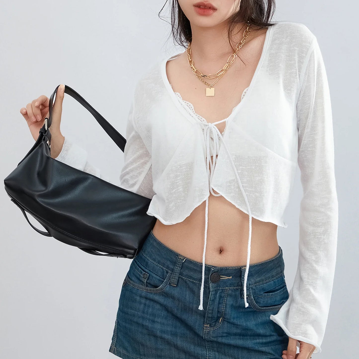 Crop Fashion Long Sleeve Deep V Neck Tie-Up Front Ruffle Hem See through Cardigan Streetwear Knit T-shirt