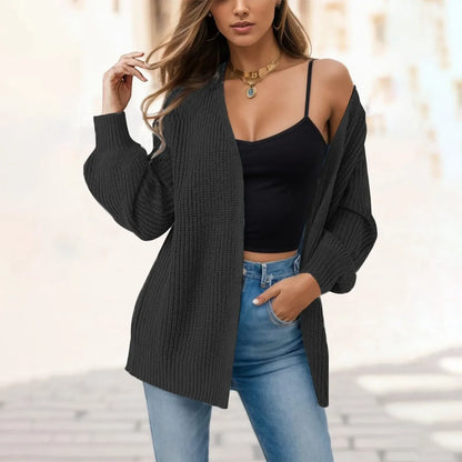 Women's Knitted Long Sleeve Cardigan Autumn Winter Open Front Drape Pockets Outerwear Elegant Coat