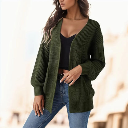 Women's Knitted Long Sleeve Cardigan Autumn Winter Open Front Drape Pockets Outerwear Elegant Coat