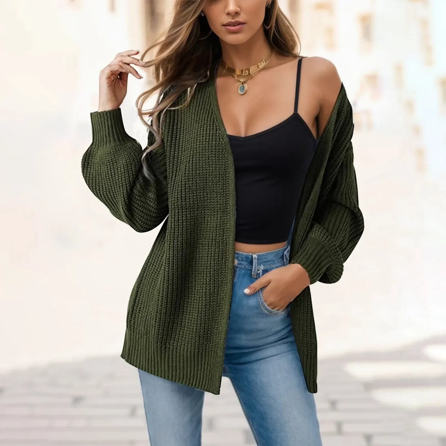 Women's Knitted Long Sleeve Cardigan Autumn Winter Open Front Drape Pockets Outerwear Elegant Coat