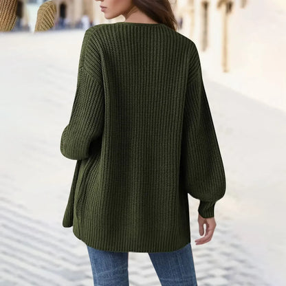 Women's Knitted Long Sleeve Cardigan Autumn Winter Open Front Drape Pockets Outerwear Elegant Coat