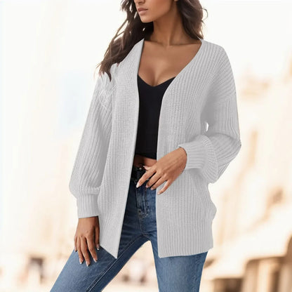 Women's Knitted Long Sleeve Cardigan Autumn Winter Open Front Drape Pockets Outerwear Elegant Coat