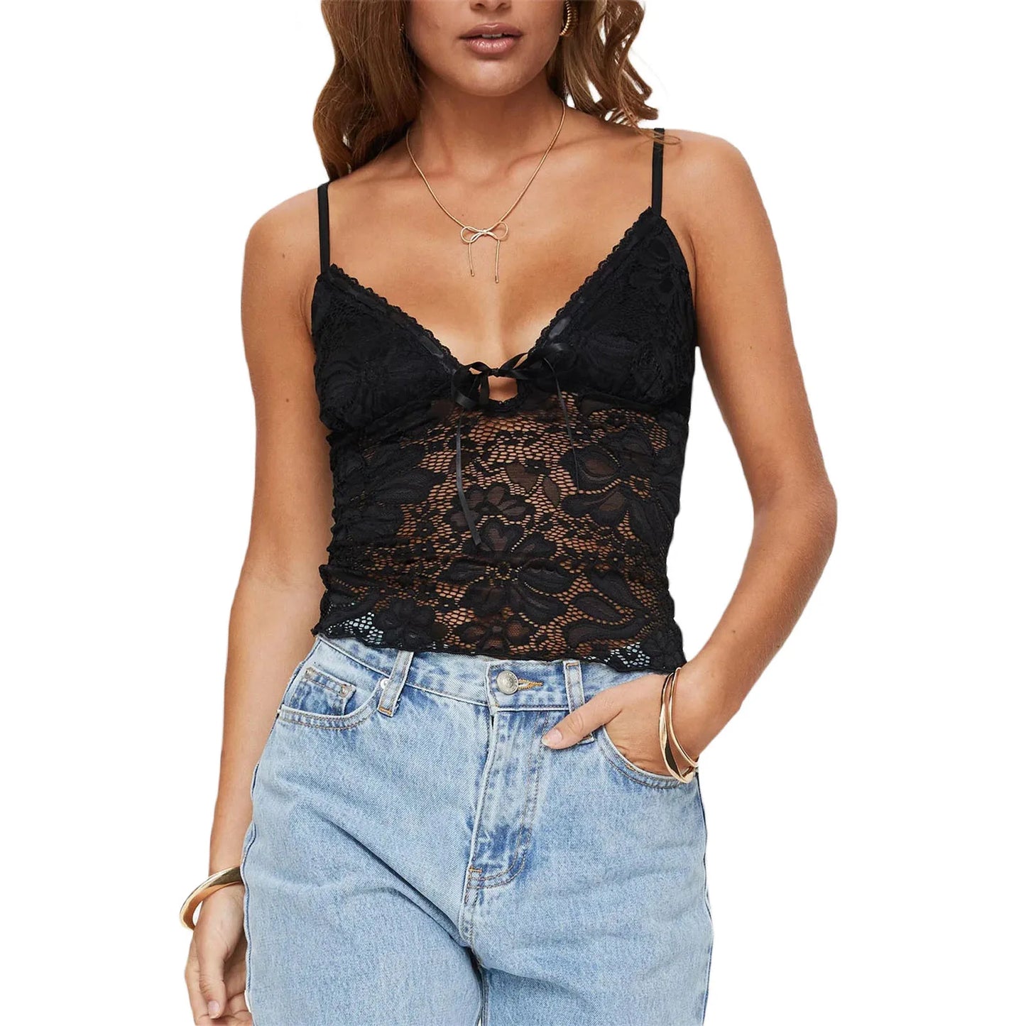 Slim Tie Front Spaghetti Strap Mesh Y2K Vest Crop Lace Top