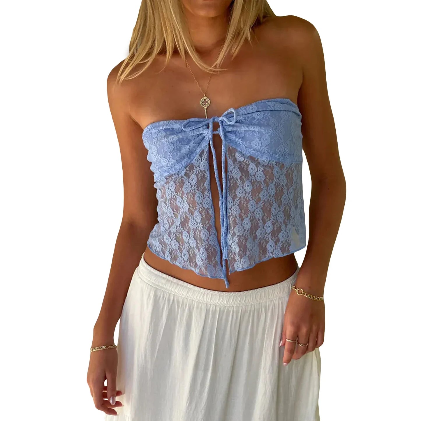 Off Shoulder Sleeveless Backless See Through Ruched Tie Up Summer Crop Lace Top