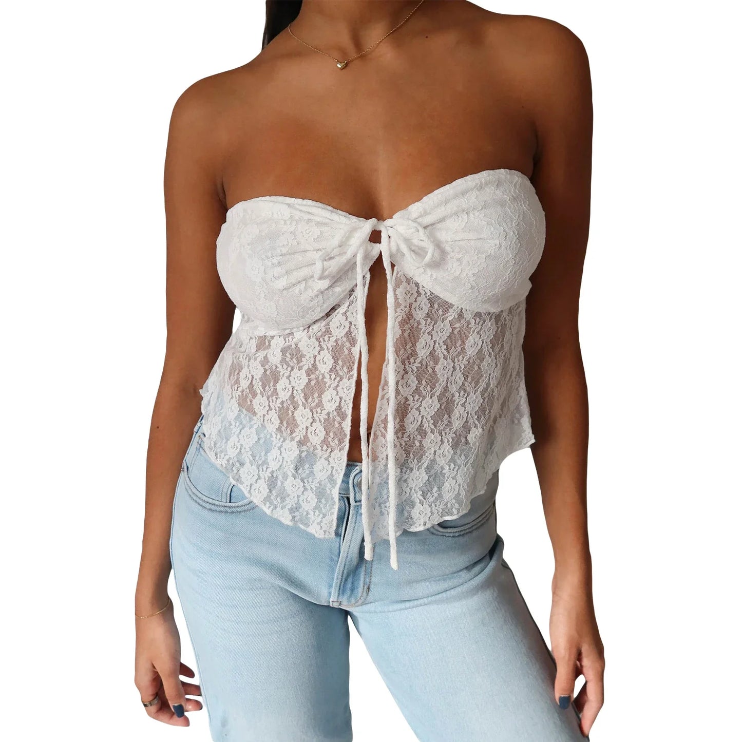 Off Shoulder Sleeveless Backless See Through Ruched Tie Up Summer Crop Lace Top