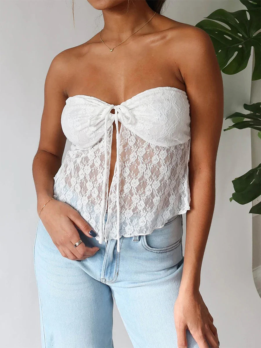 Off Shoulder Sleeveless Backless See Through Ruched Tie Up Summer Crop Lace Top