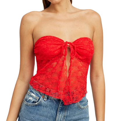 Off Shoulder Sleeveless Backless See Through Ruched Tie Up Summer Crop Lace Top