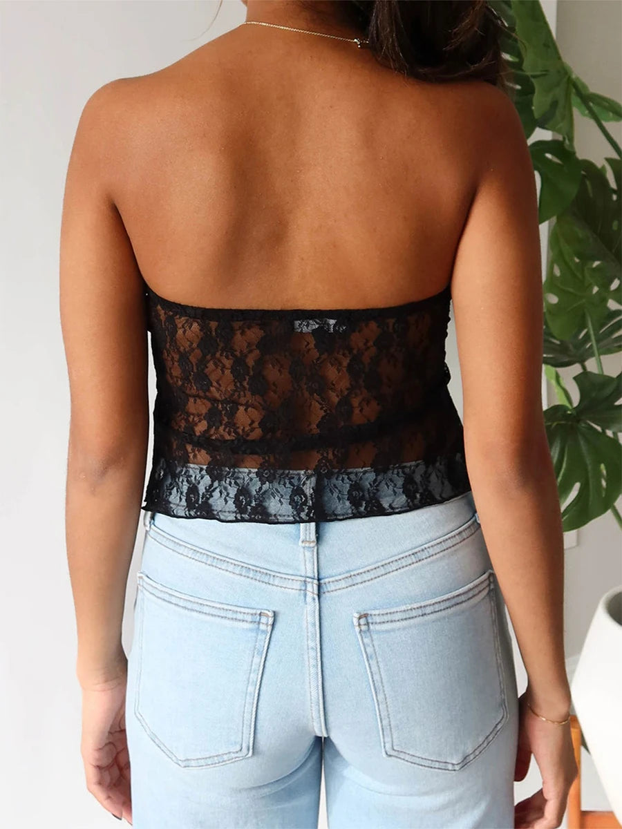 Lace Off-Shoulder Sleeveless Backless See-Through Stylish Elegant Trendy Chic Crop Top