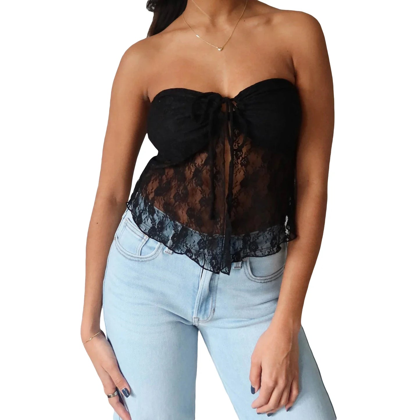 Off Shoulder Sleeveless Backless See Through Ruched Tie Up Summer Crop Lace Top