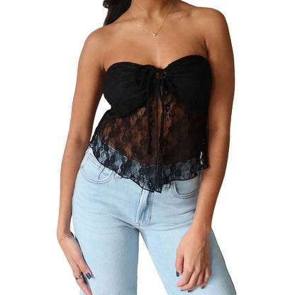 Off Shoulder Sleeveless Backless See Through Ruched Tie Up Summer Crop Lace Top