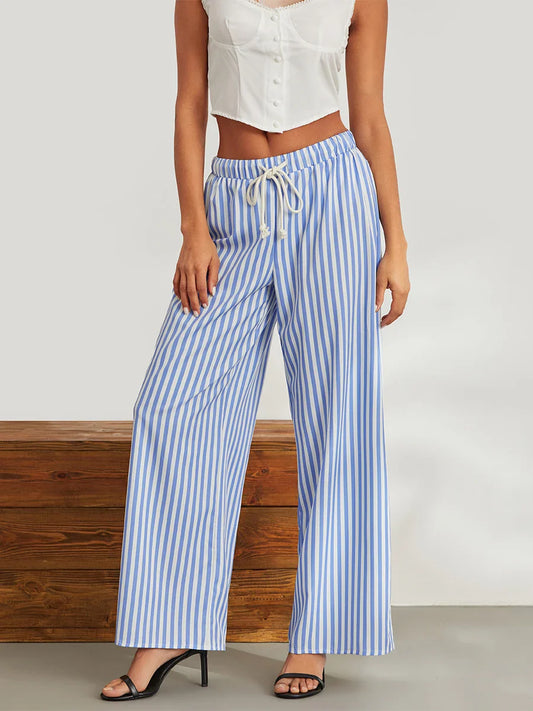 Casual Loose Fitting Elastic Wide Striped Drawstring Long Pants