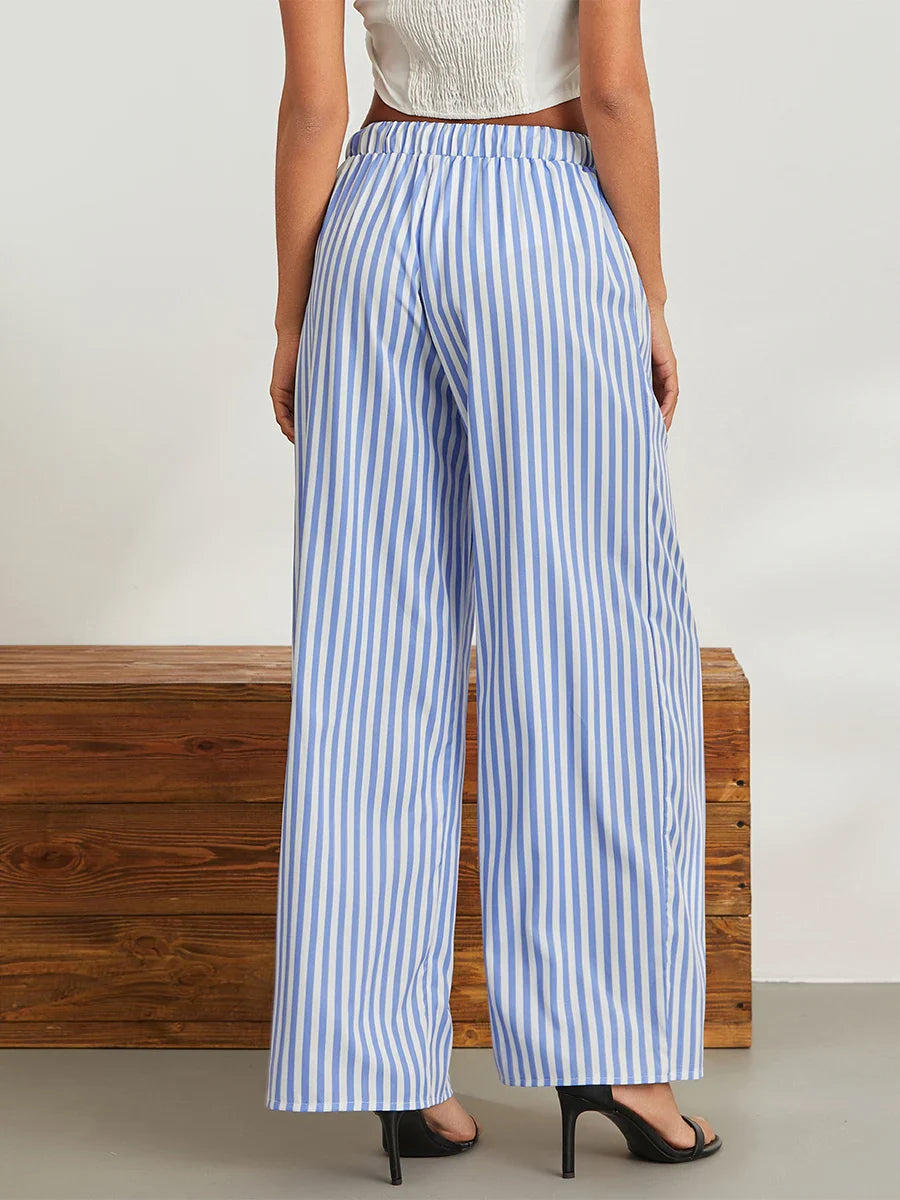 Casual Loose Fitting Elastic Wide Striped Drawstring Long Pants