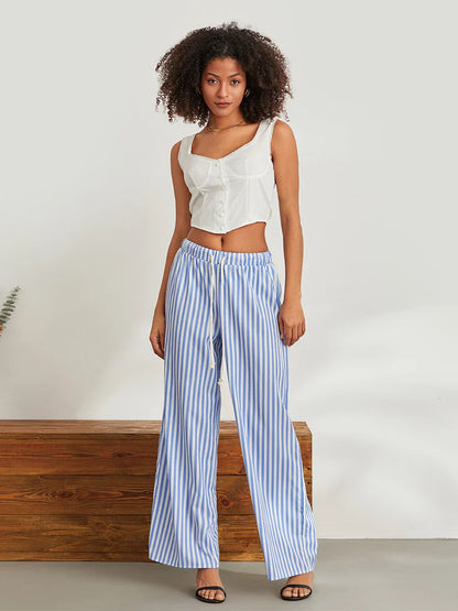 Casual Loose Fitting Elastic Wide Striped Drawstring Long Pants