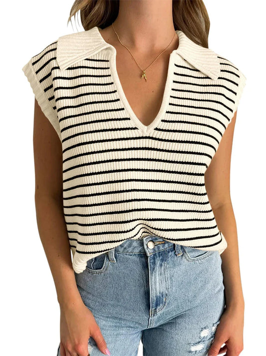 Loose Knit Tank Tops Stripe Print V-Neck Pullover Fashion Casual Vest Tank Women's Top