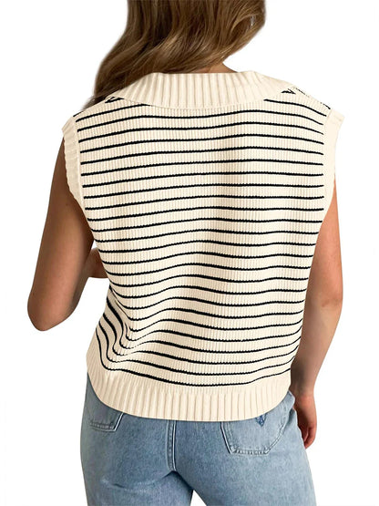 Loose Knit Tank Tops Stripe Print V-Neck Pullover Fashion Casual Vest Tank Women's Top