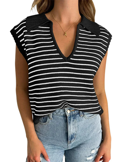 Loose Knit Tank Tops Stripe Print V-Neck Pullover Fashion Casual Vest Tank Women's Top