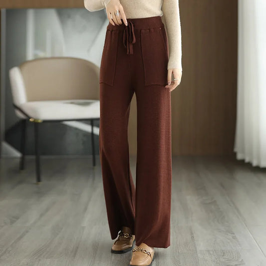 Women Drawstring Straight Leg Vintage Low Rise Striped Knitted Lounge Pants