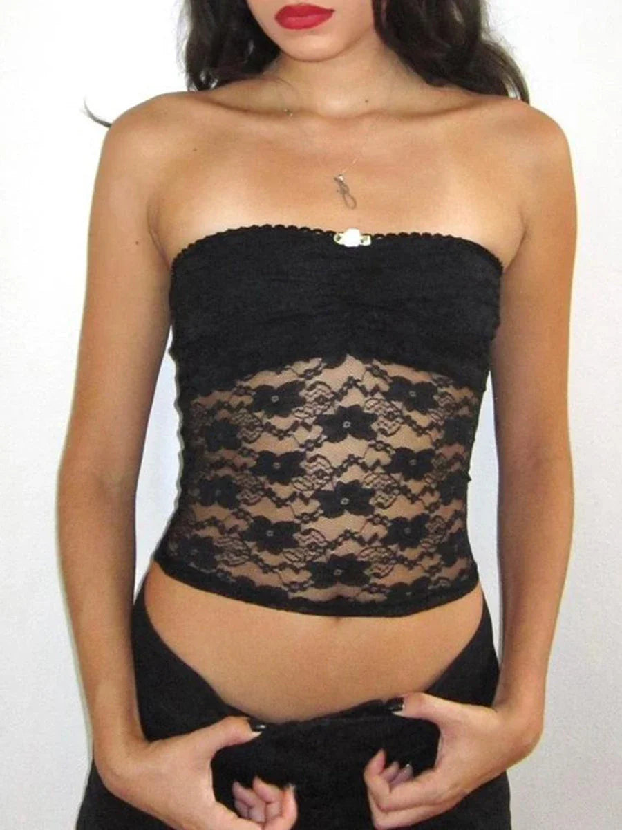 Lace Bandeau Strapless Mini Rose Decor Summer Crop Mesh Top