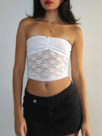 Lace Bandeau Strapless Mini Rose Decor Summer Crop Mesh Top