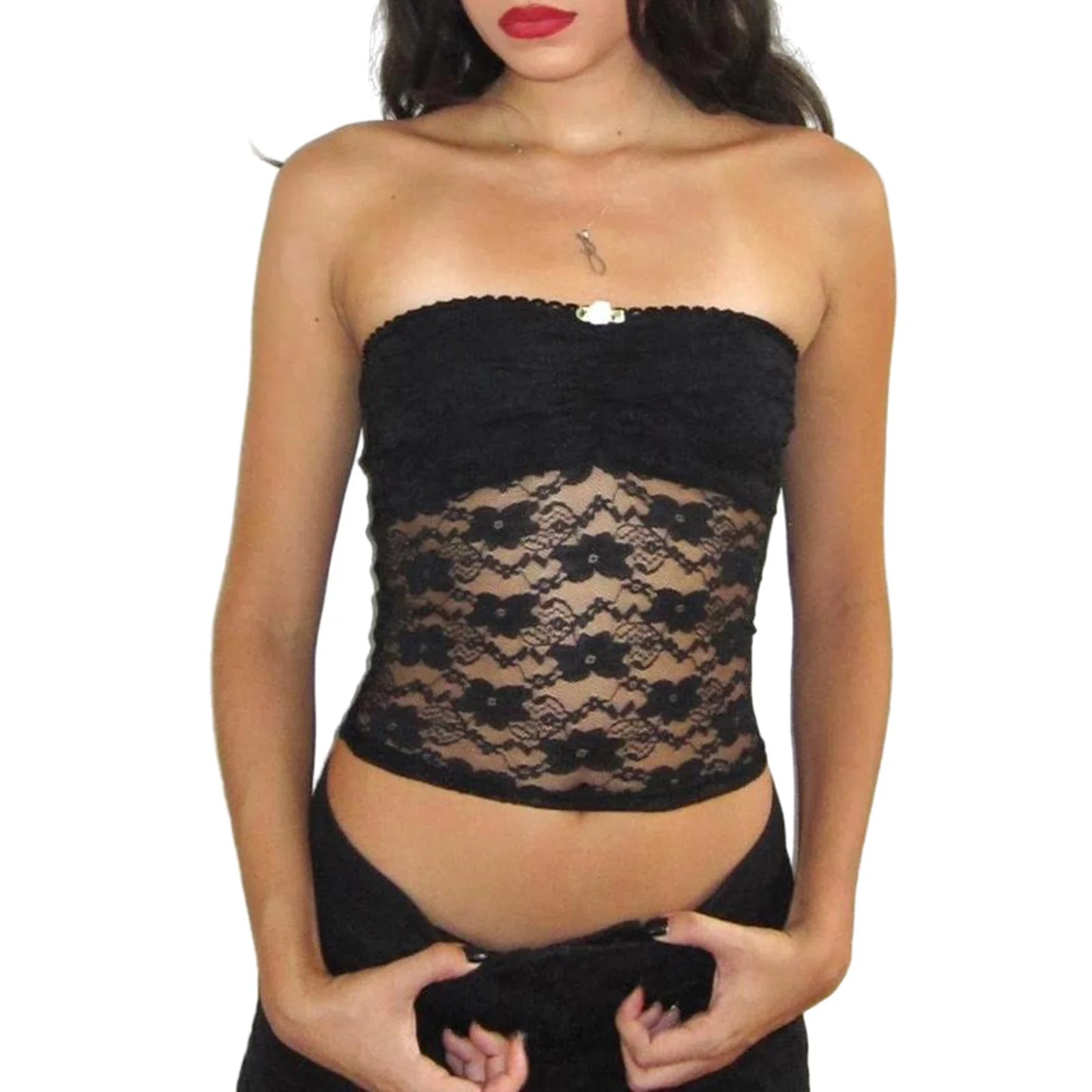 Lace Bandeau Strapless Mini Rose Decor Summer Crop Mesh Top