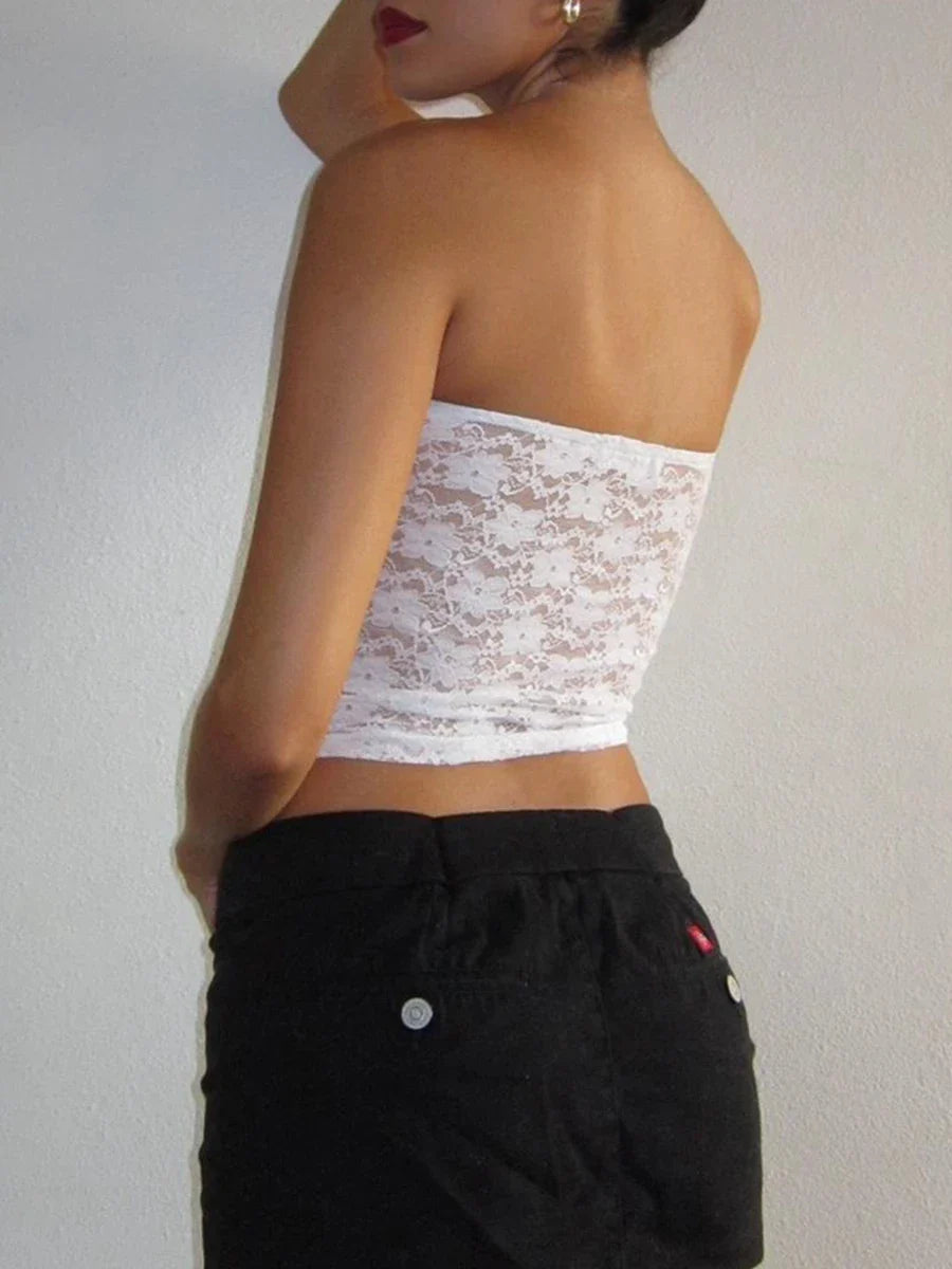 Lace Bandeau Strapless Mini Rose Decor Summer Crop Mesh Top