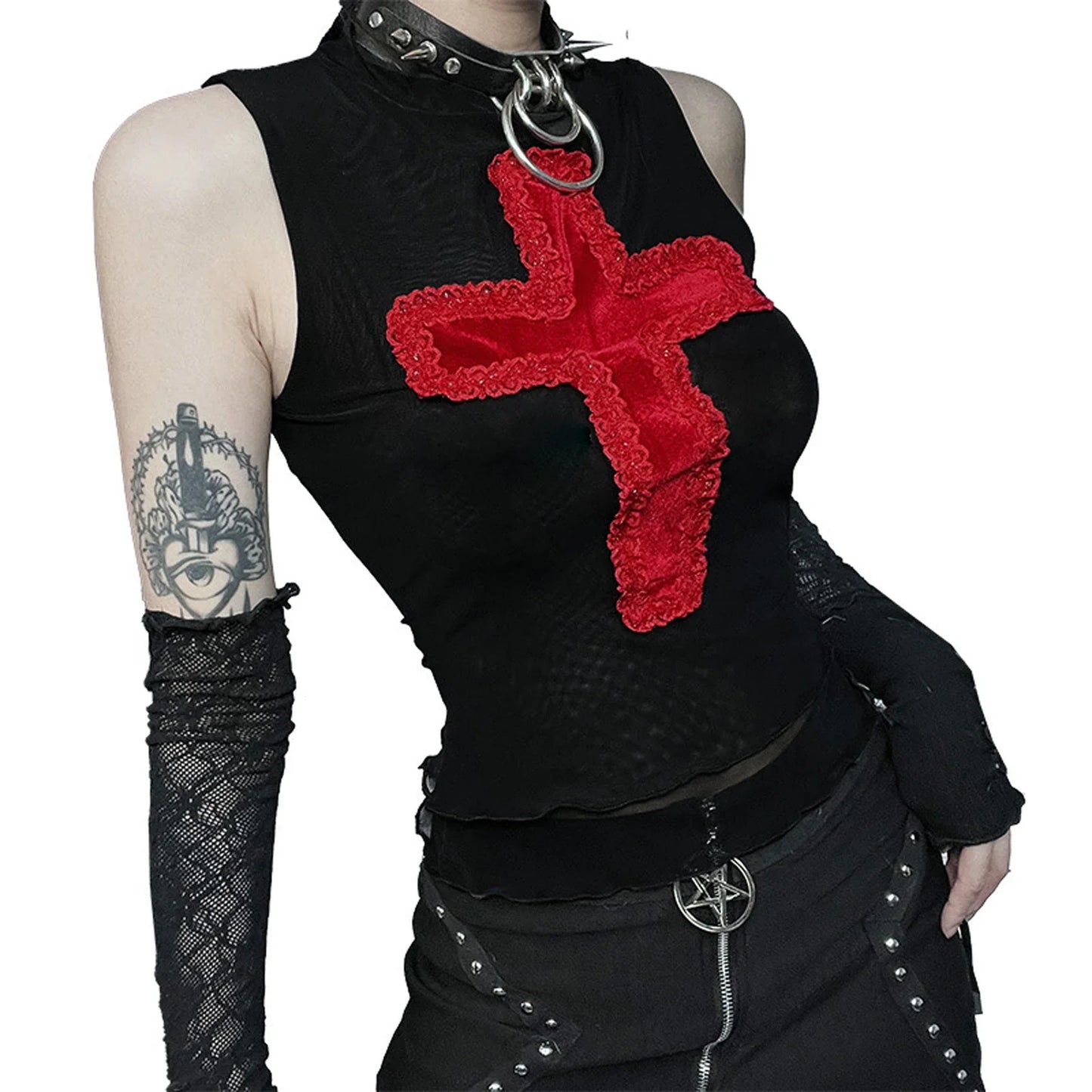 Mesh Embroidery Sleeveless Cross Slim Fit Streetwear Crop Slim Top