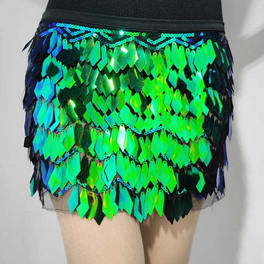 New Green Sparkly Lace Up Adjustable Party Satin Trim Split Women's Skirt