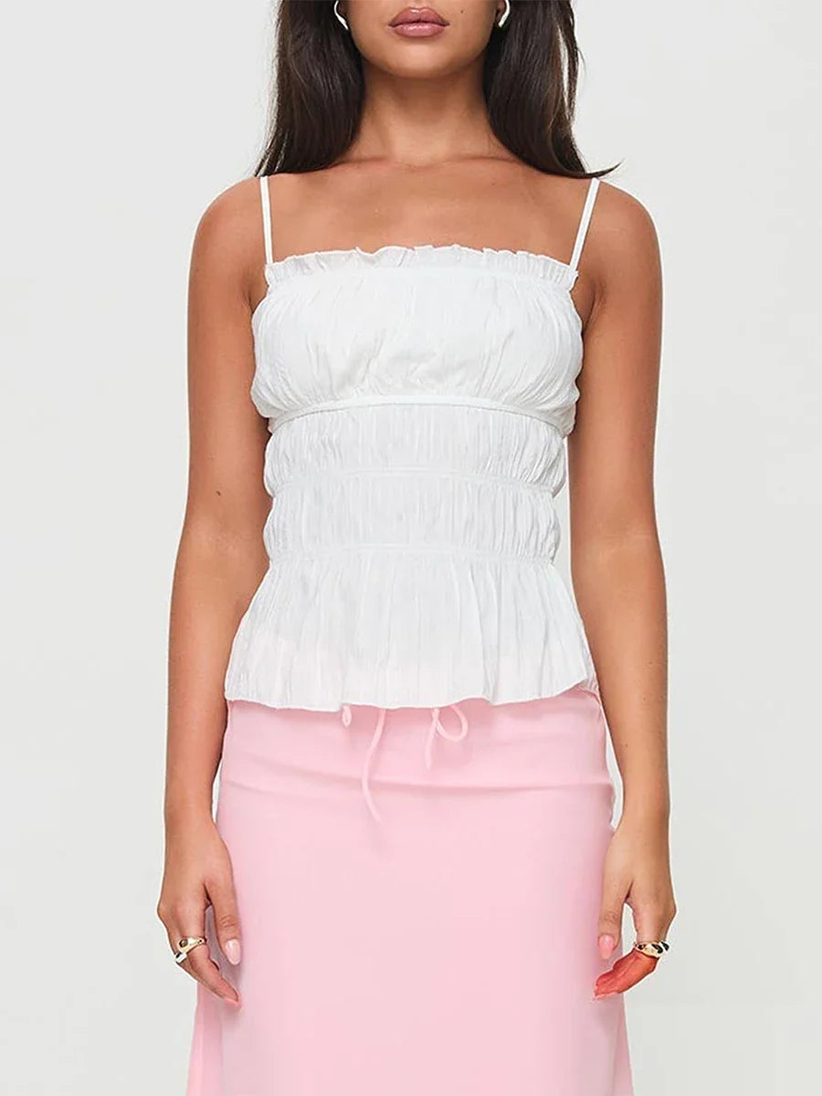 Sleeveless Spaghetti Strap Frill Camisole Summer Tank Crop Ruched Top