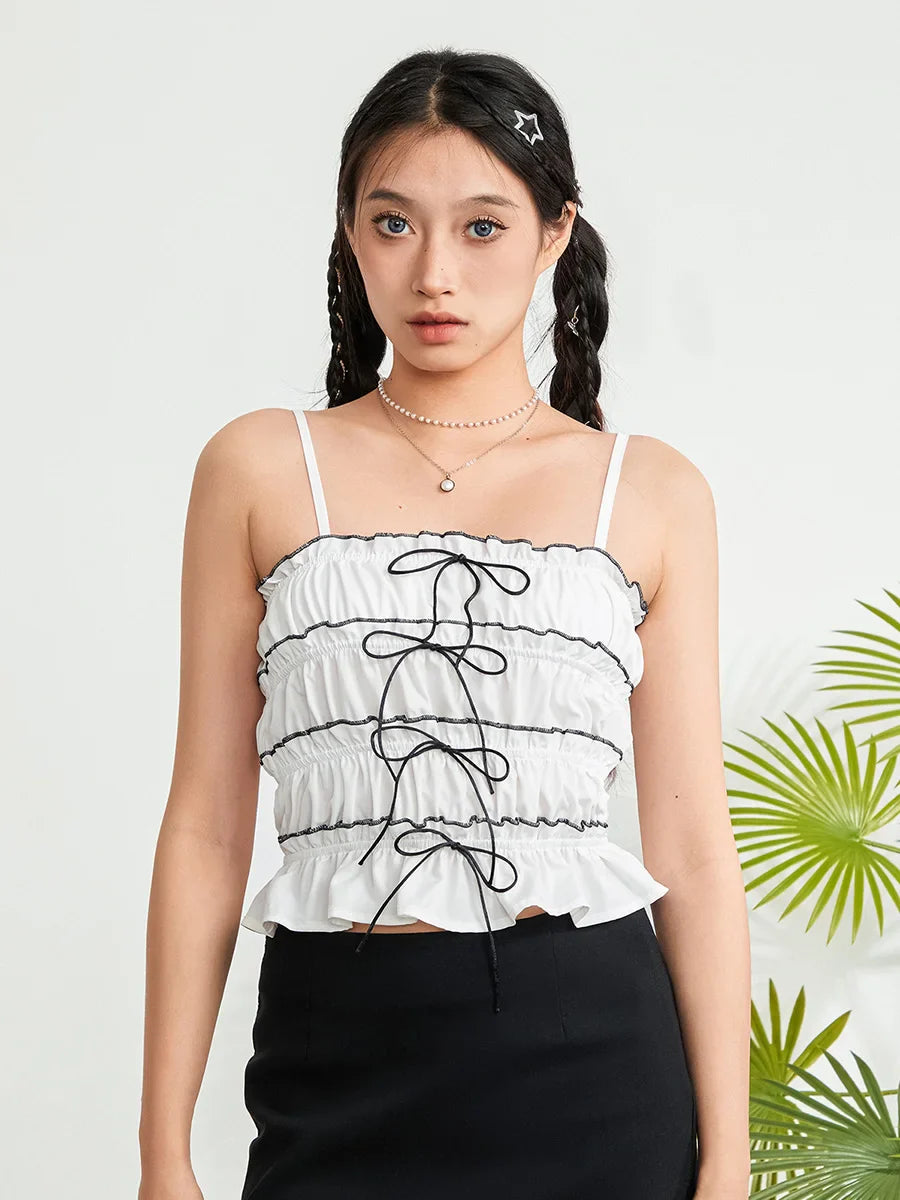 Sleeveless Spaghetti Strap Tie-up Front Vintage Sexy Streetwear Crop Ruched Top