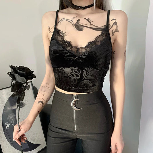 V-neck Floral Lace Trim Sleeveless Streetwear Crop Sexy Gothic Top