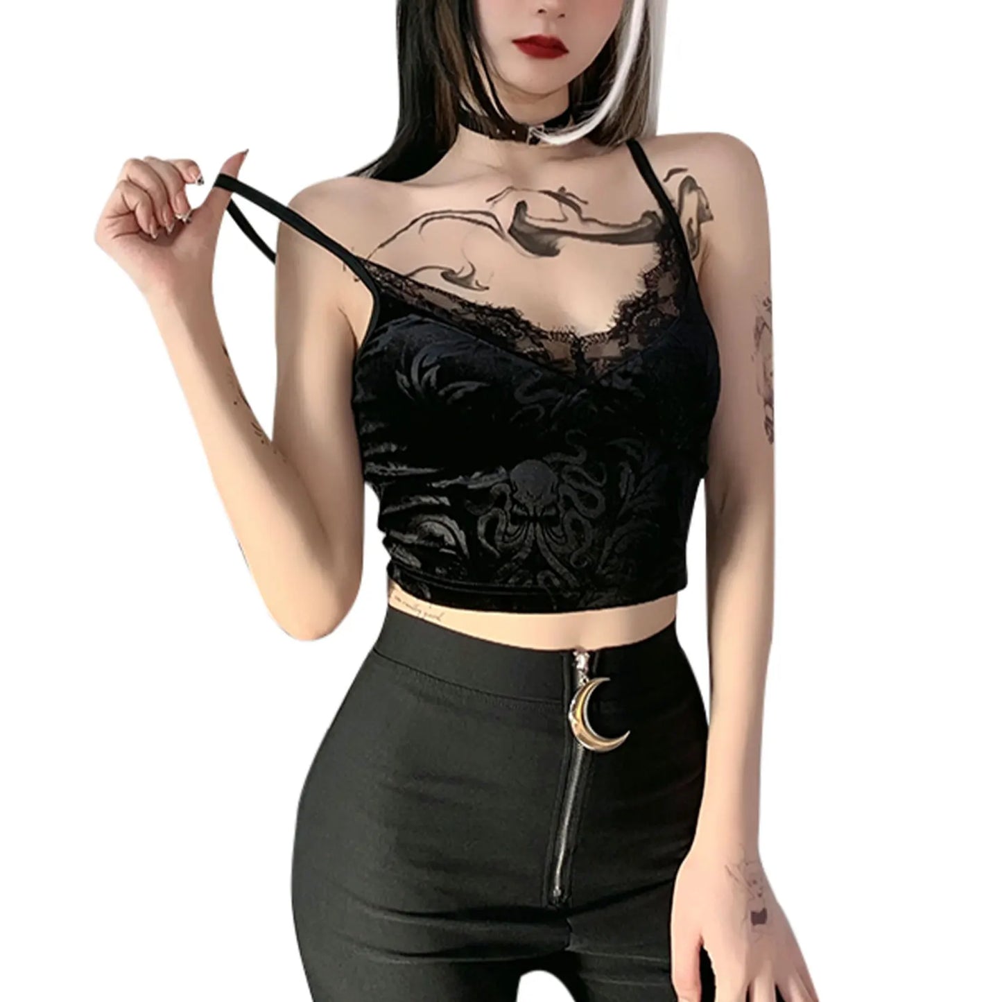 V-neck Floral Lace Trim Sleeveless Streetwear Crop Sexy Gothic Top