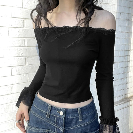 Lace Trim Off Shoulder Spring Summer Fashion Long Flared Sleeve Grunge Sexy T-shirt