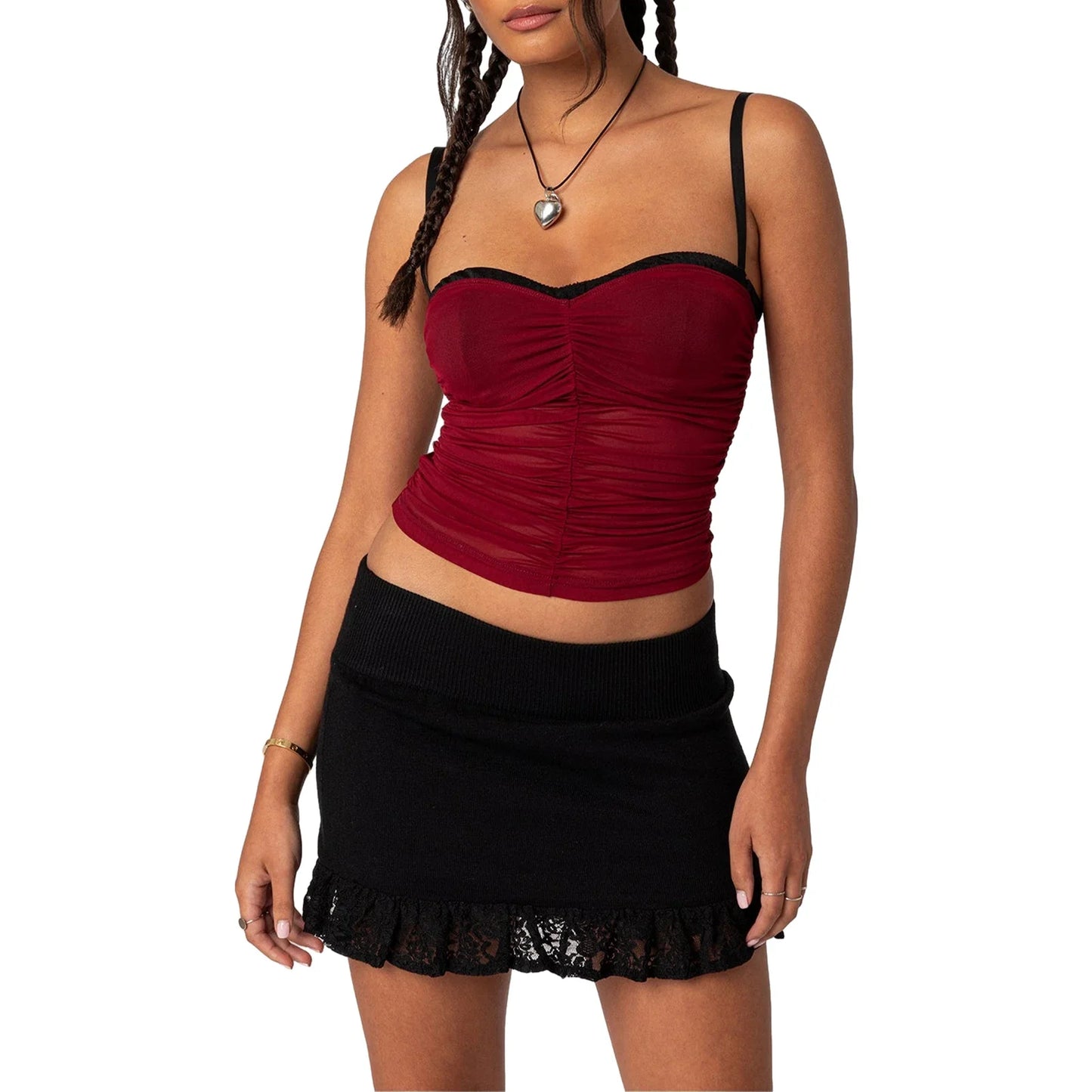 Mesh Sheer Spaghetti Strap Square Neck Lace Cami Going Out Crop Sexy Top