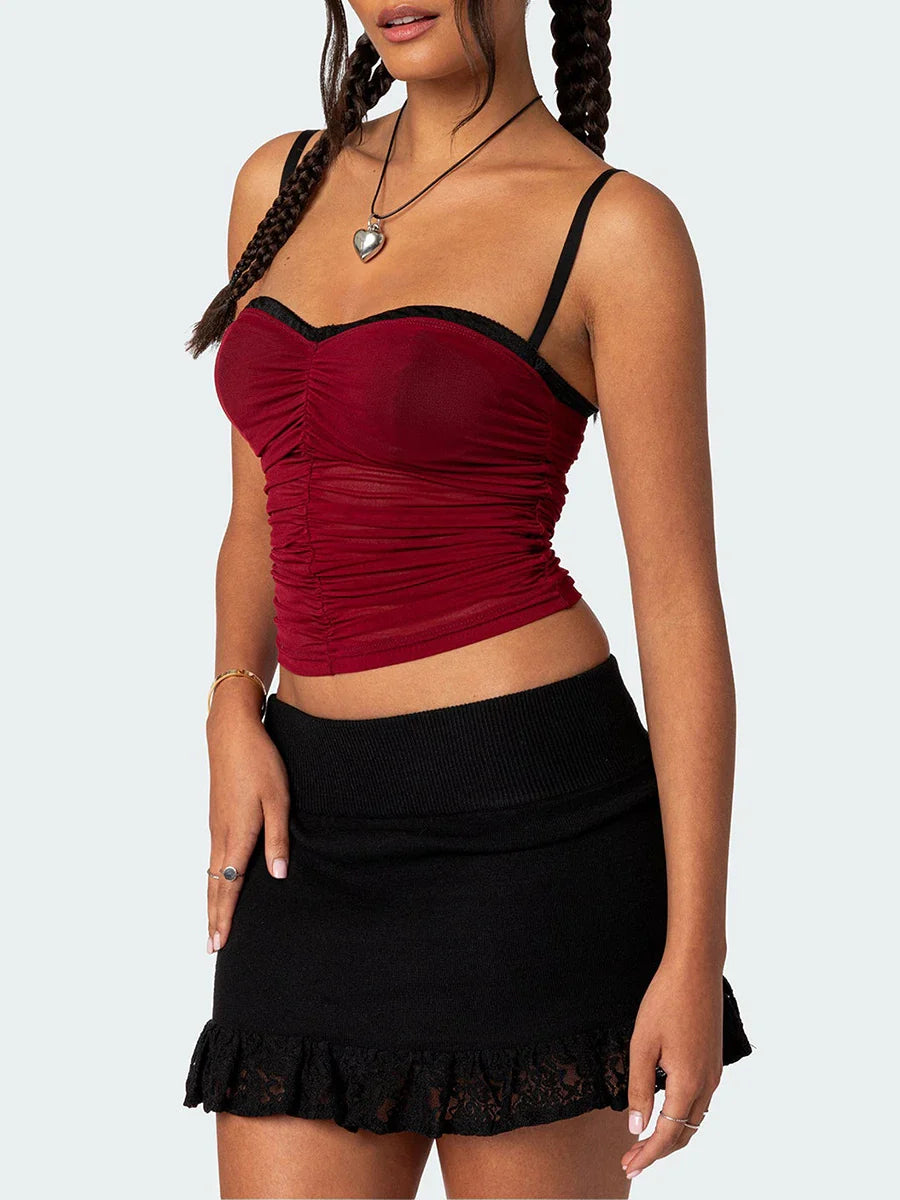 Mesh Sheer Spaghetti Strap Square Neck Lace Cami Going Out Crop Sexy Top