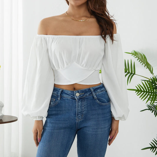 Off Shoulder Long Sleeve Crop Solid Color Tie Knot Back Ruched Casual Shirts Blouse Sexy T-shirt