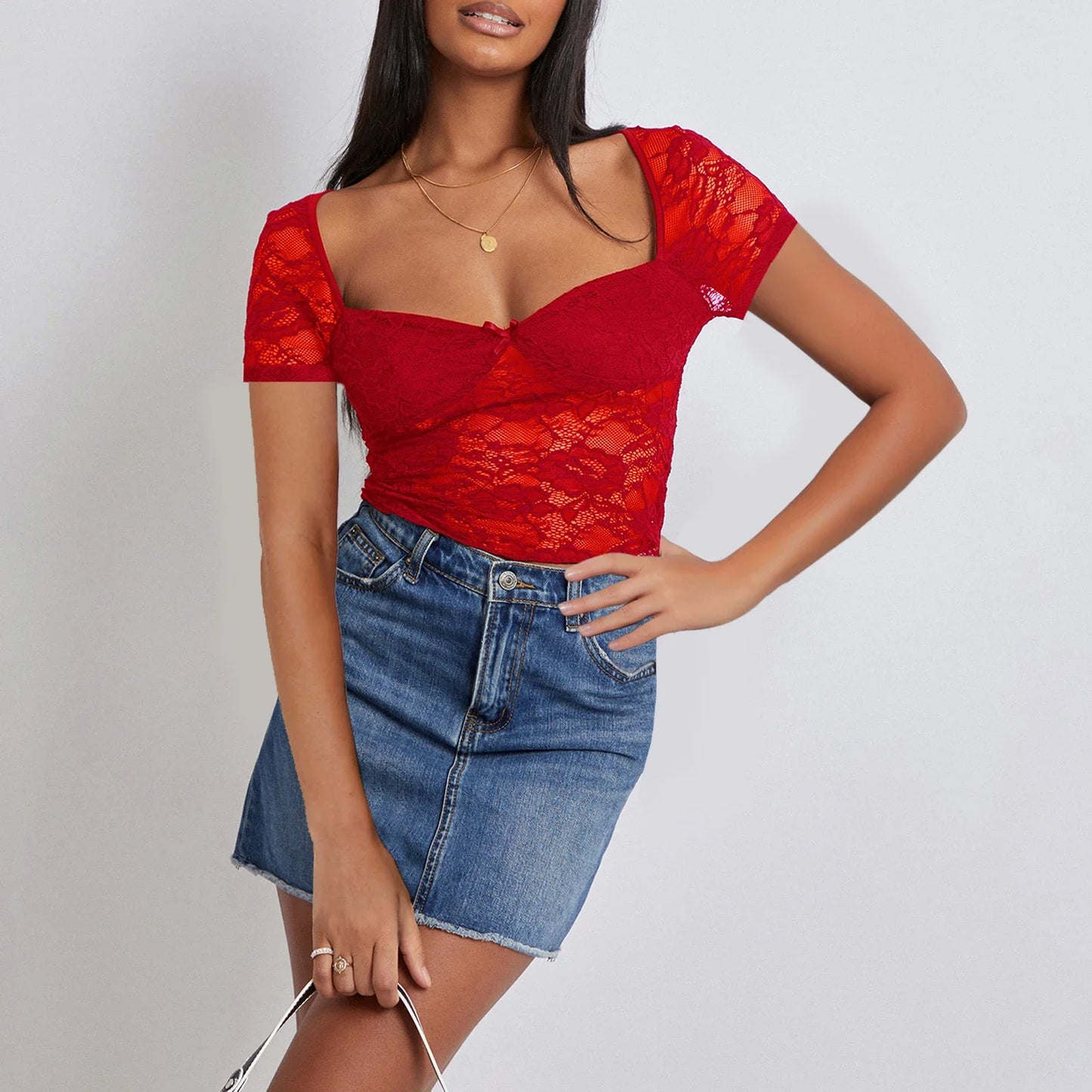 Summer Slim Mesh Sheer Short Sleeve Low Cut Lace Floral Party Clubwear Sexy T-shirt