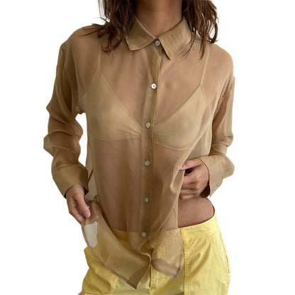 Mesh Long Sleeve See-Through Loose Lapel Collar Button Down Sheer Blouse