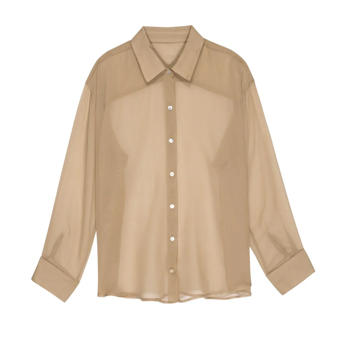 Mesh Long Sleeve See-Through Loose Lapel Collar Button Down Sheer Blouse