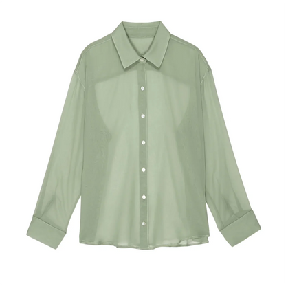 Mesh Long Sleeve See-Through Loose Lapel Collar Button Down Sheer Blouse