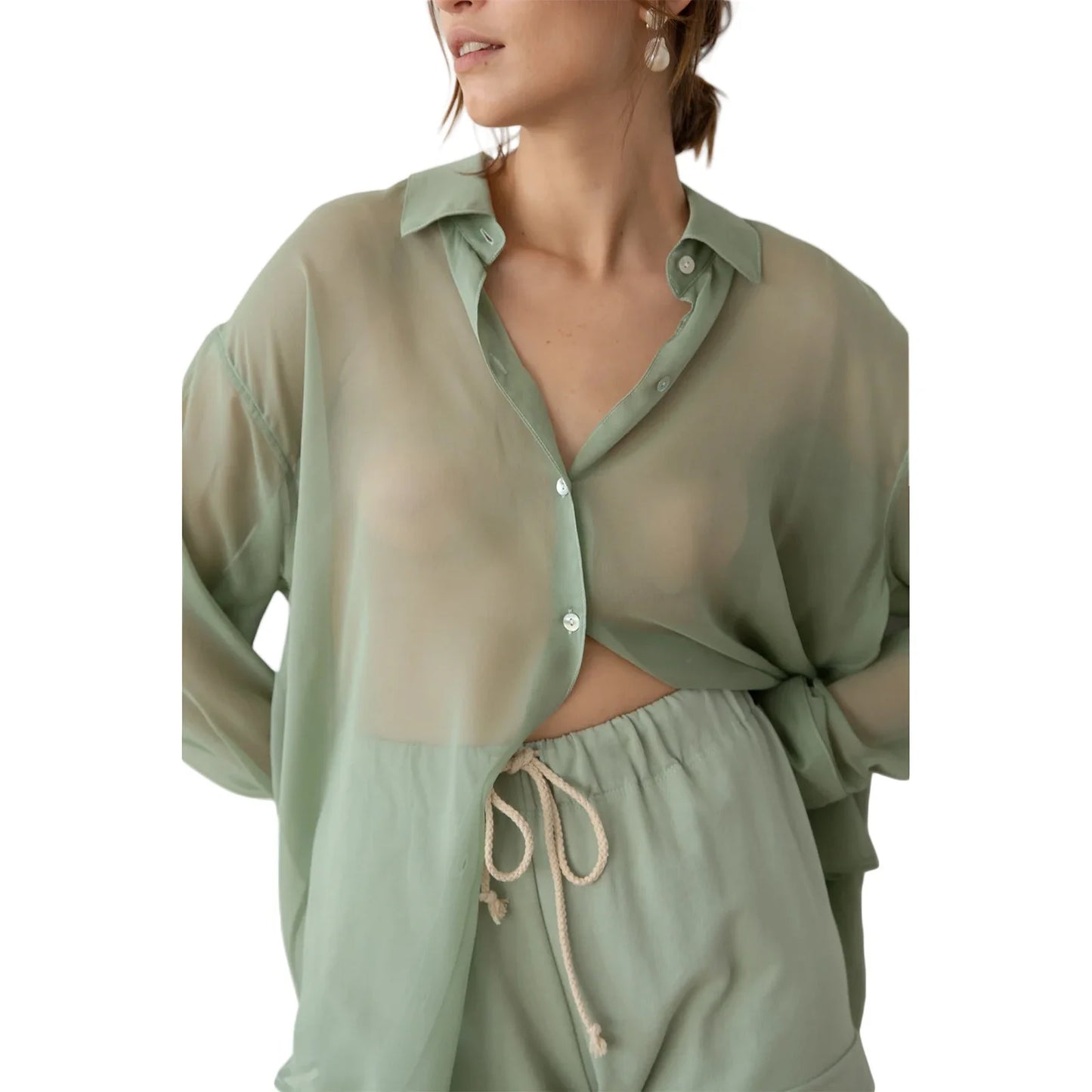 Mesh Long Sleeve See-Through Loose Lapel Collar Button Down Sheer Blouse