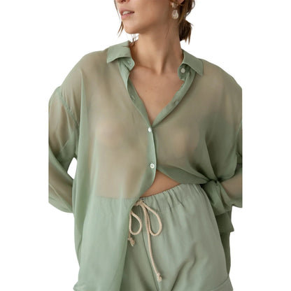 Mesh Long Sleeve See-Through Loose Lapel Collar Button Down Sheer Blouse