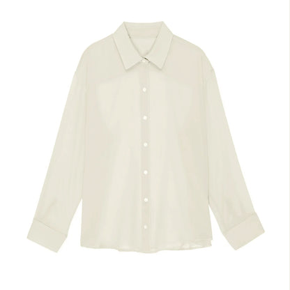 Mesh Long Sleeve See-Through Loose Lapel Collar Button Down Sheer Blouse