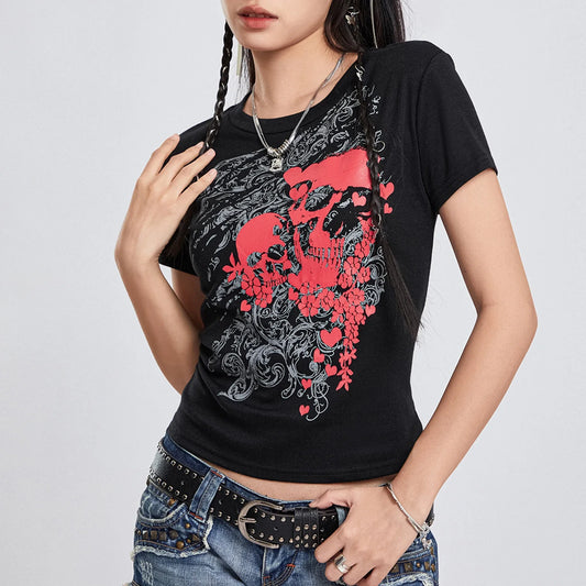 Print Grunge Crew Neck Short Sleeve Summer Casual Slim Fit Crop Tops Dark Aesthetic Streetwear Skull T-shirt