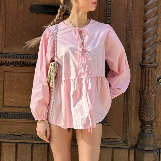 Summer Tie Front Long Sleeve Round Neck Loose Fit Babydoll High Street Spring Blouse