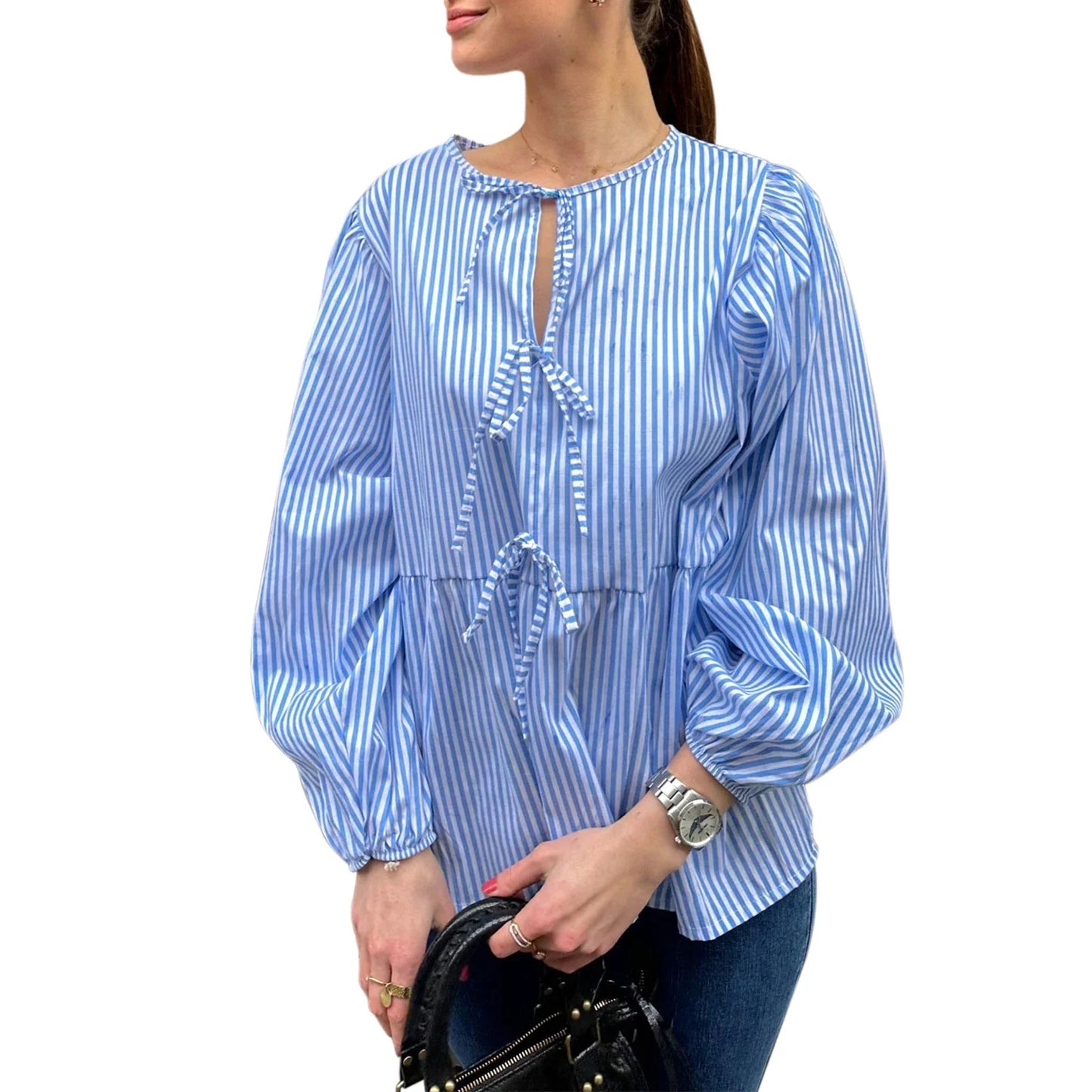 Summer Tie Front Long Sleeve Round Neck Loose Fit Babydoll High Street Spring Blouse