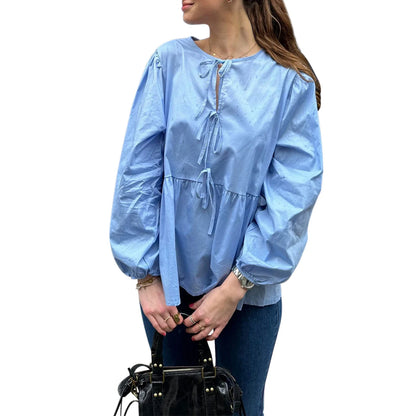 Summer Tie Front Long Sleeve Round Neck Loose Fit Babydoll High Street Spring Blouse