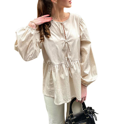 Summer Tie Front Long Sleeve Round Neck Loose Fit Babydoll High Street Spring Blouse