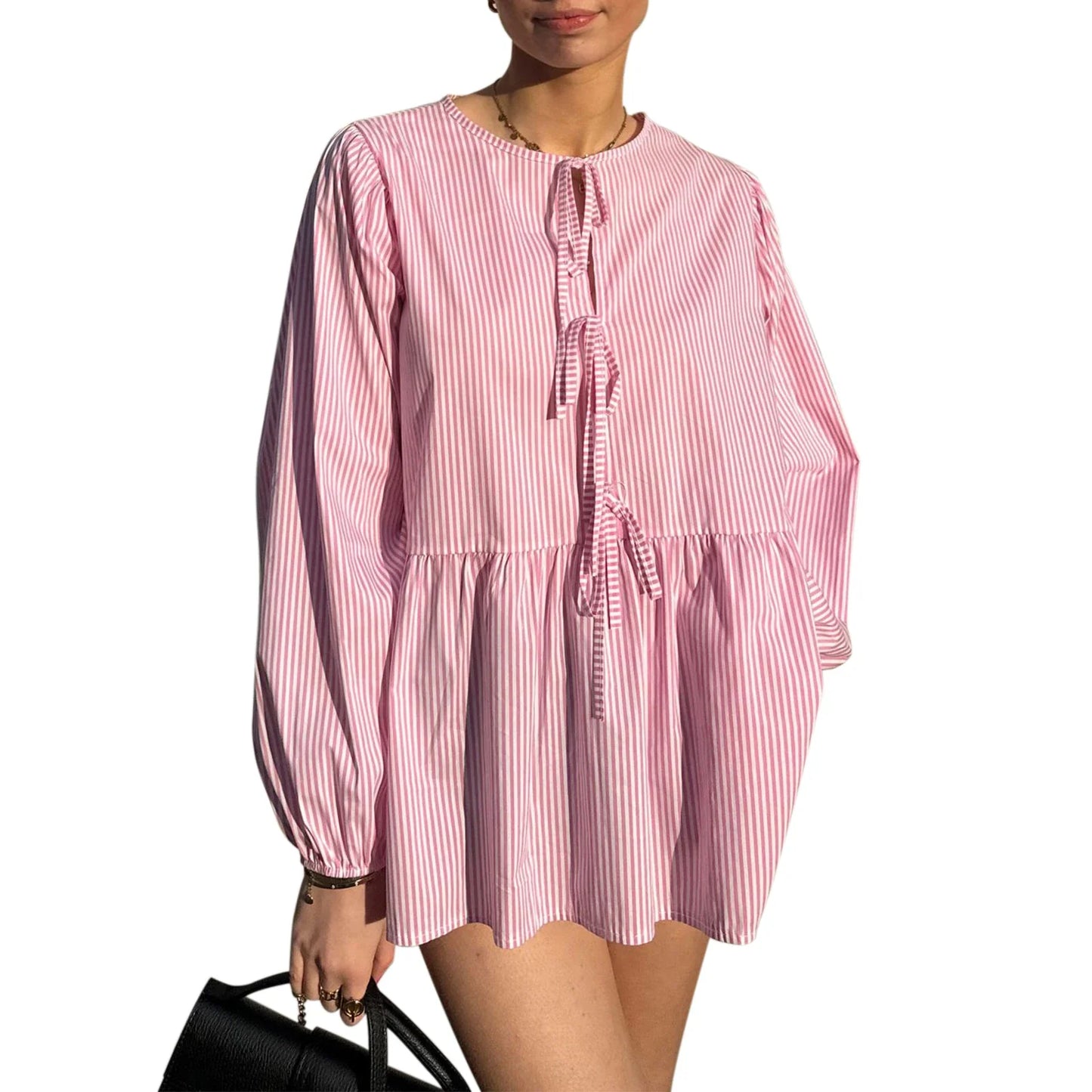 Summer Tie Front Long Sleeve Round Neck Loose Fit Babydoll High Street Spring Blouse